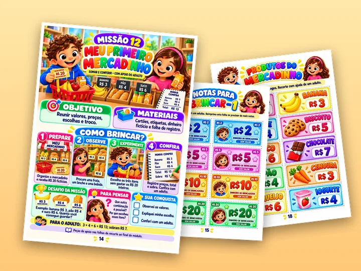 Página de missão com as folhas de notas e produtos para recortar